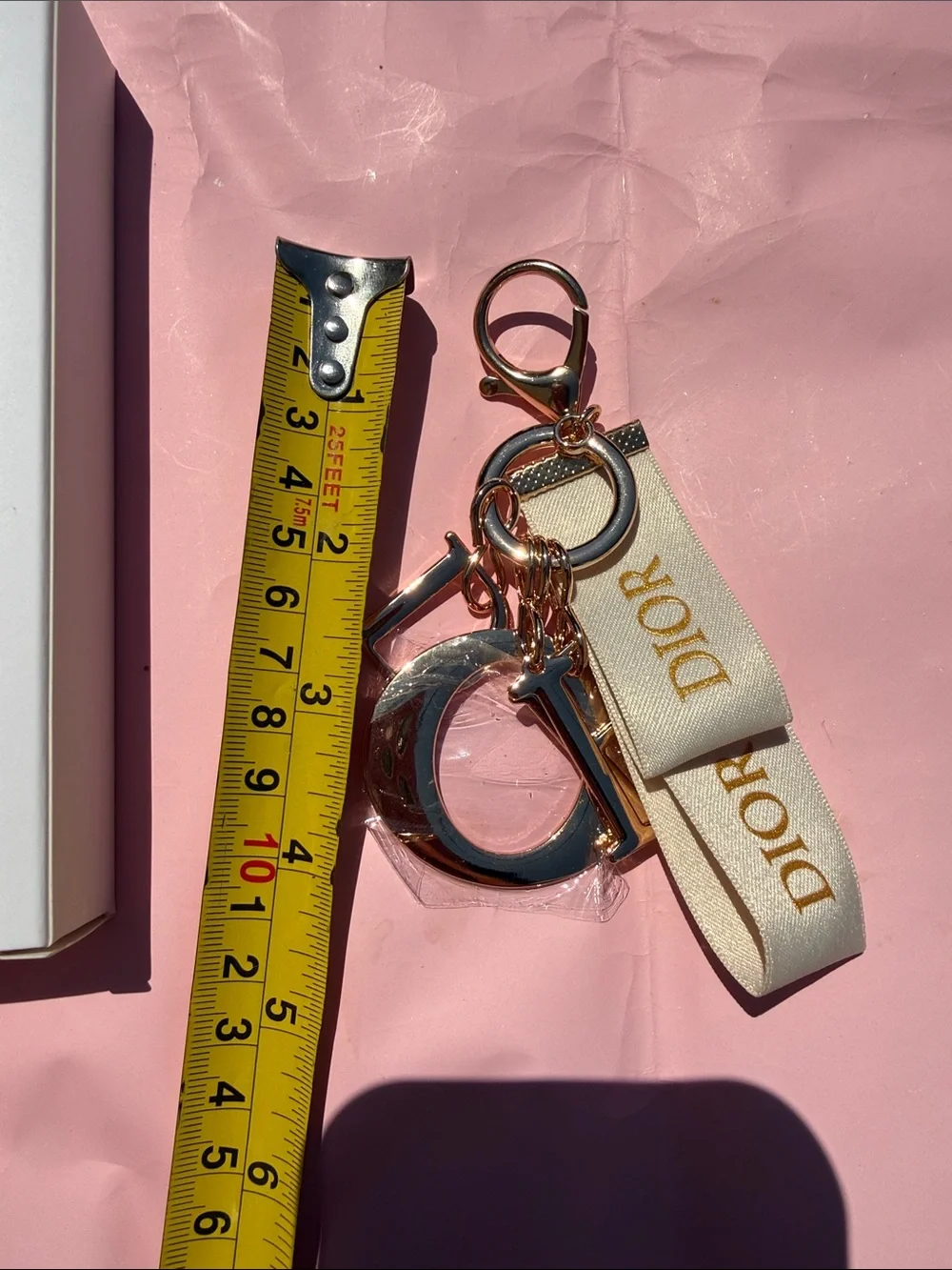 DIOR keychain Gold & Cream Logo Keychain with Ribbon new in box